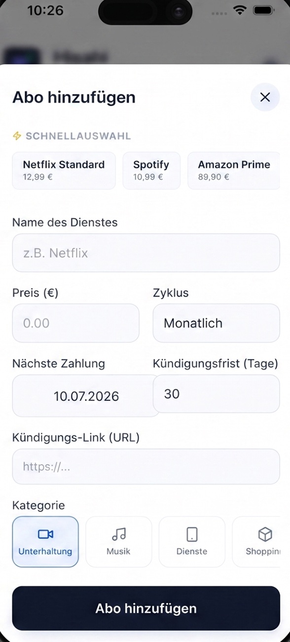 Neues Abo in Hisabi anlegen mit Schnellauswahl für Netflix, Spotify und Amazon Prime