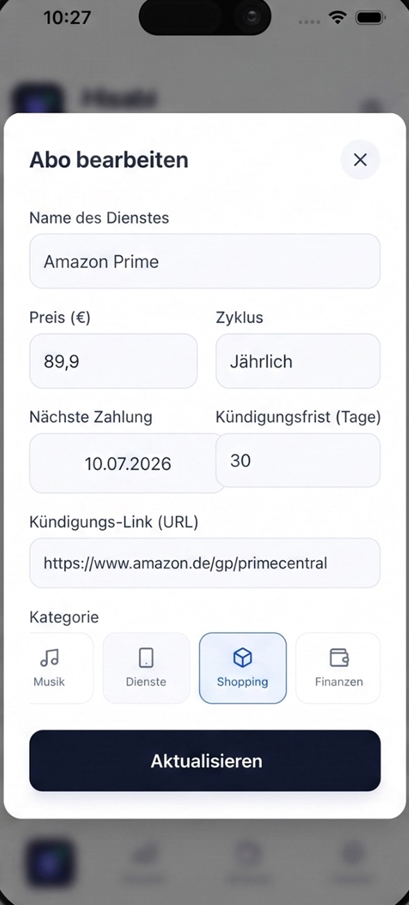 Abo bearbeiten in Hisabi: Kündigungsfrist in Tagen und hinterlegter Kündigungs-Link für Amazon Prime
