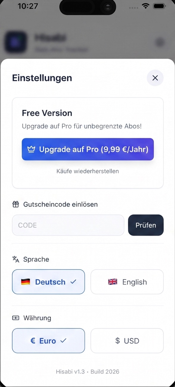 Hisabi Einstellungen mit Upgrade auf Pro für 9,99 Euro pro Jahr, Sprachwahl und Währungswahl